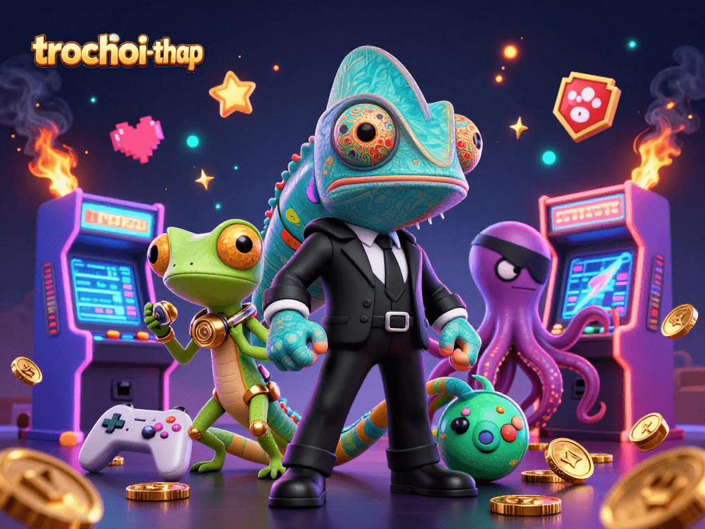 Engage in the thrilling trochoi-thap game experience with a colorful 3D digital illustration of a secret agent chameleon and companions.