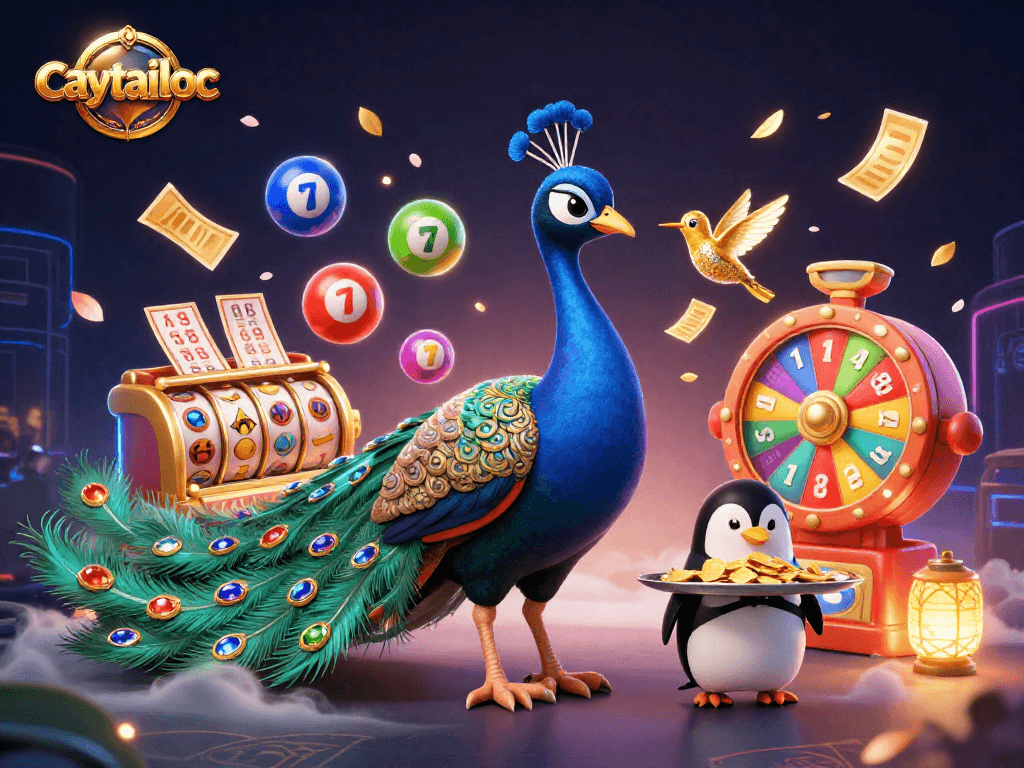 Engage with caytailoc's vibrant 3D slots scene, featuring a peacock and golden chip penguin!