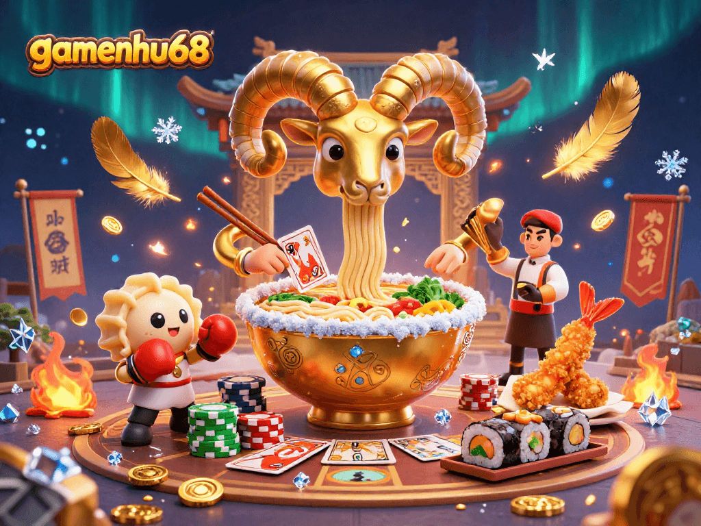 Engage with gamenohu68 in a vibrant, dynamic 3D casino scene featuring a giant ramen bowl dealer.