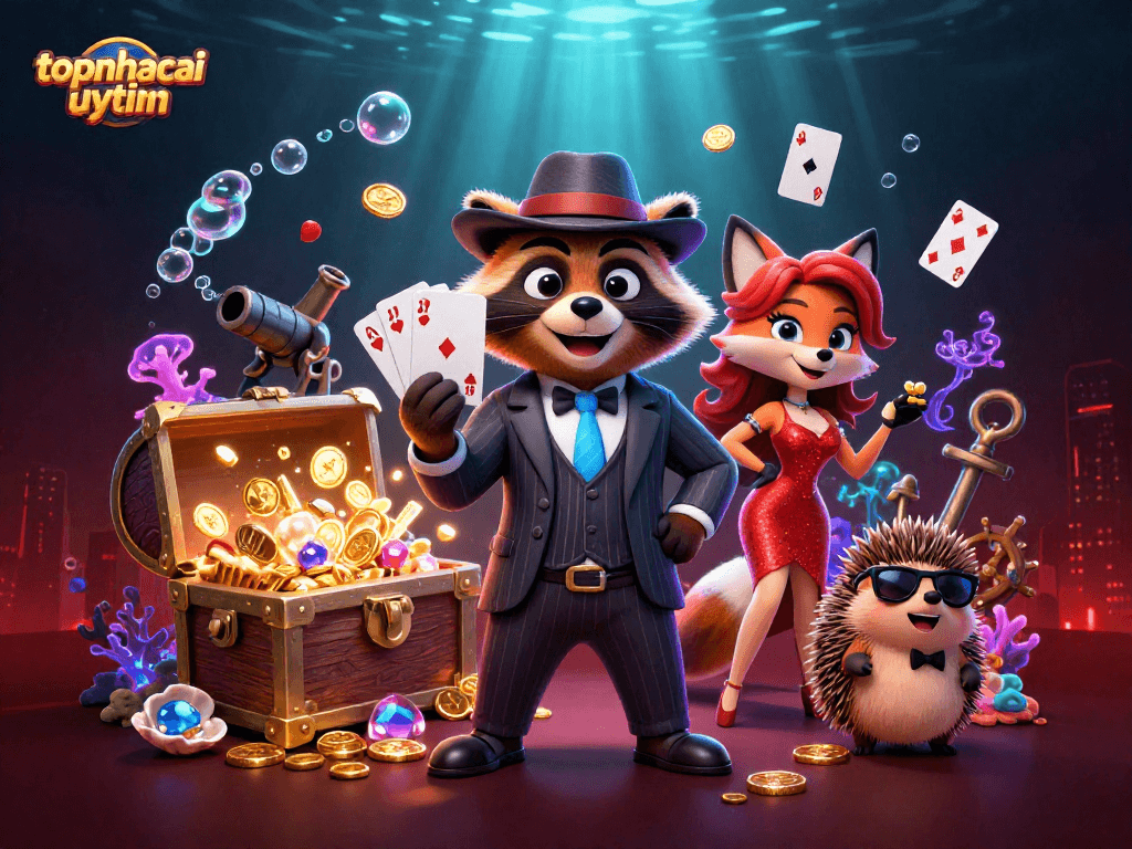 Engage in an exciting game with topnhacaiuytinn while encountering charming characters in a vibrant 3D casino world.