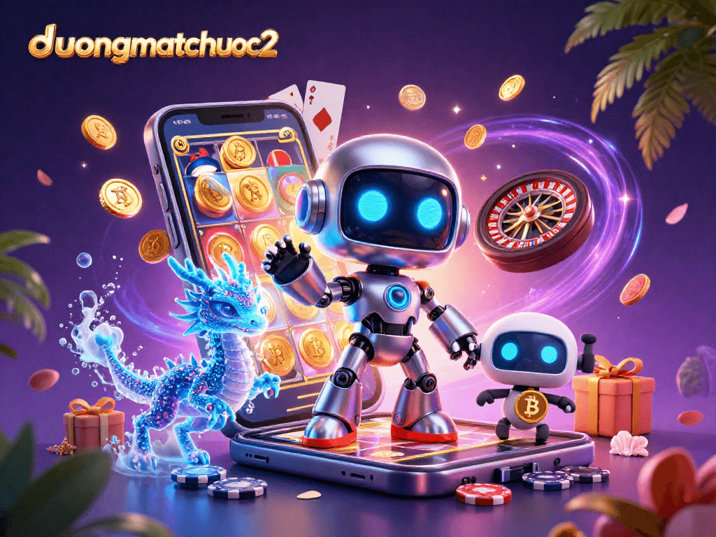 Experience duongmatchuoc2 as a vibrant scene with a cyberpunk robot and gaming excitement.