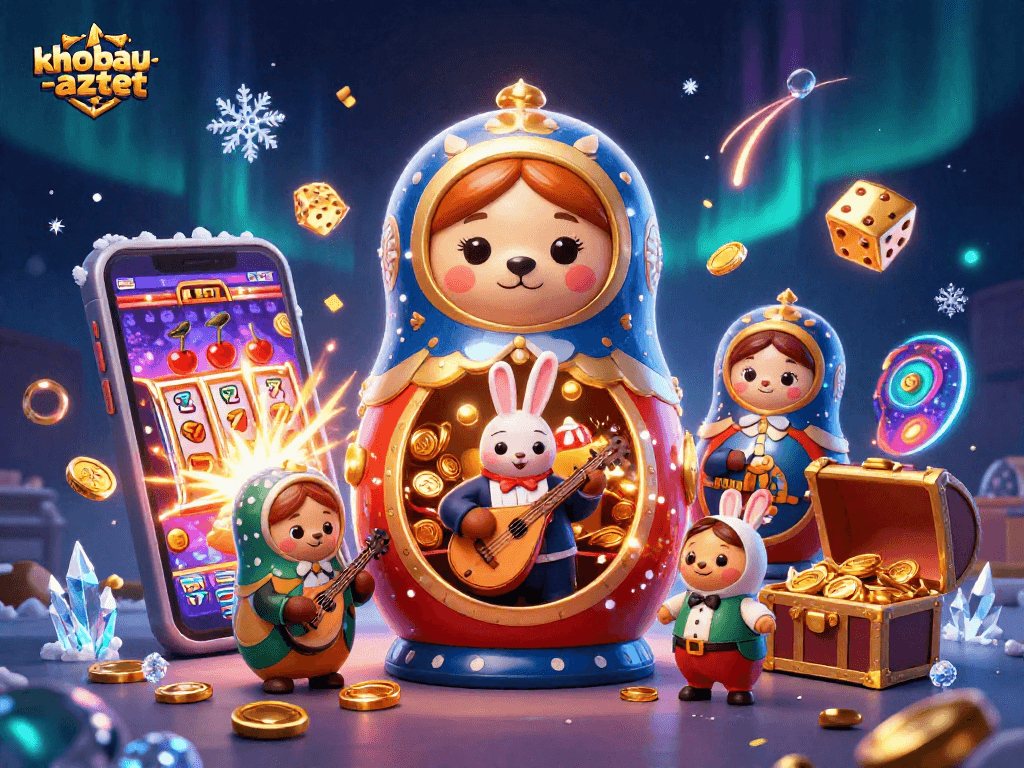 Engage in thrilling gaming with khobau-aztec, showcasing dynamic casino elements and vivid characters.