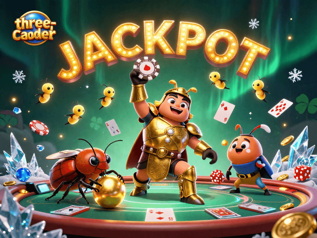 Experience three-card-poker excitement with a triumphant beetle lifting a poker chip amidst a vibrant casino scene.