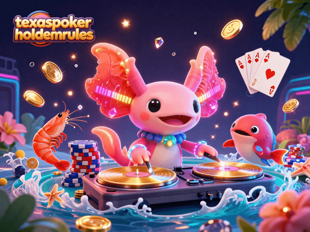 Experience the thrill of texaspokerholdemrules with a dynamic illustration of party elements and poker excitement.
