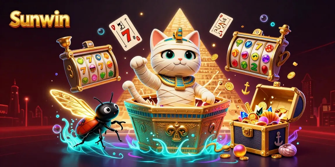 Experience thrilling adventures with sunwin's Egyptian cat and scarab beetle in a vibrant casino.