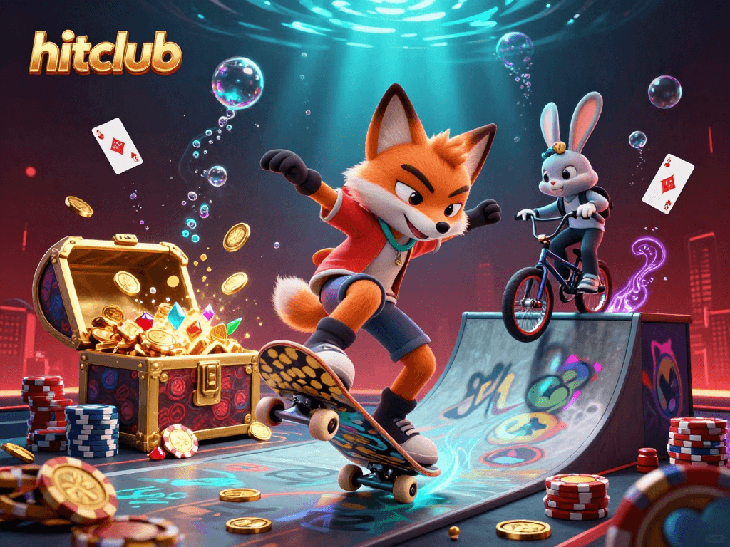 hitclub illustration depicting a skateboarder fox and BMX rabbit amidst thrilling poker scenes and underwater treasures.