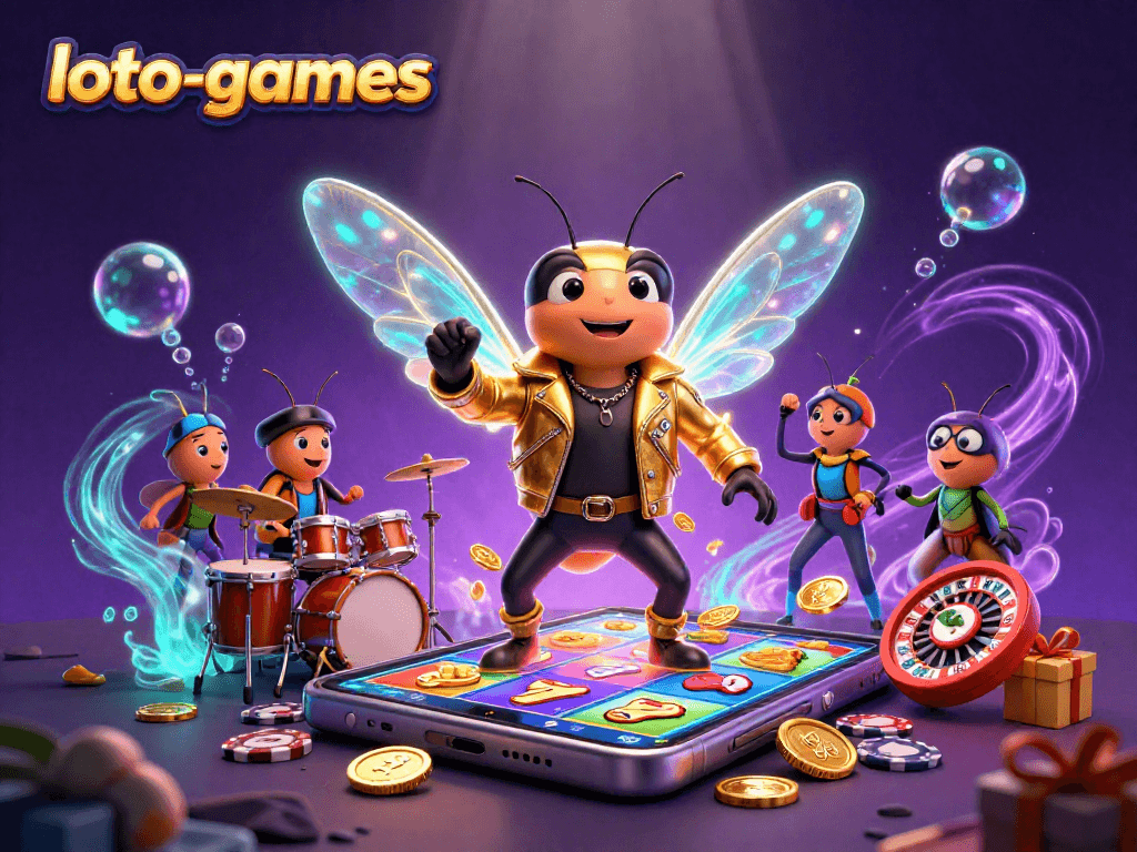 Experience gameplay excitement with loto-games featuring a vibrant casino scene full of characters and elements.