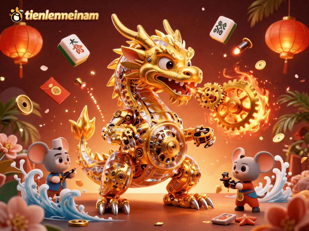 A vibrant gaming scene of tienlenmiennam featuring a golden dragon and dynamic casino elements.