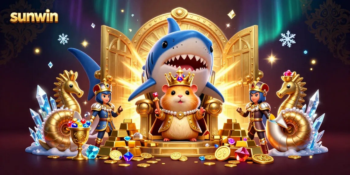 Experience the vibrant world of sunwin with a golden hamster king atop a megalodon throne surrounded by treasures.