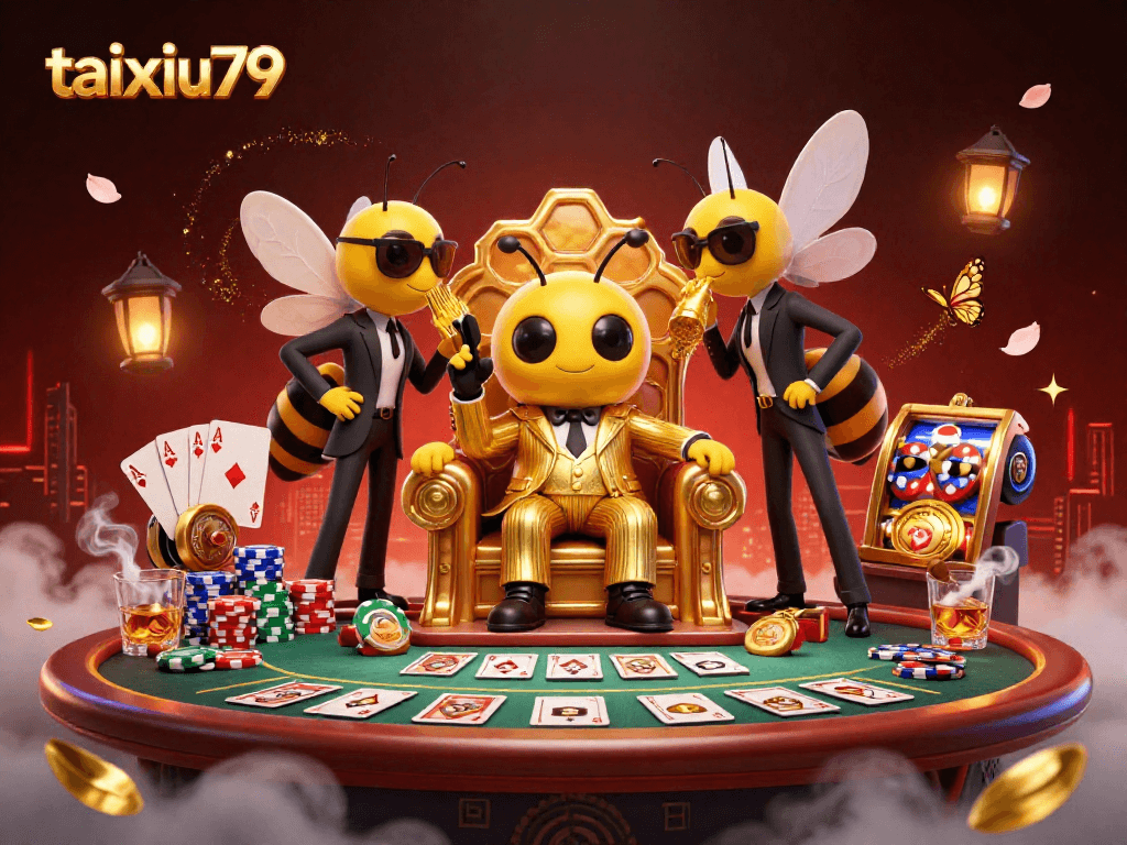 Engage in the exciting world of taixiu79 with a dynamic 3D casino scene filled with characters and poker games.