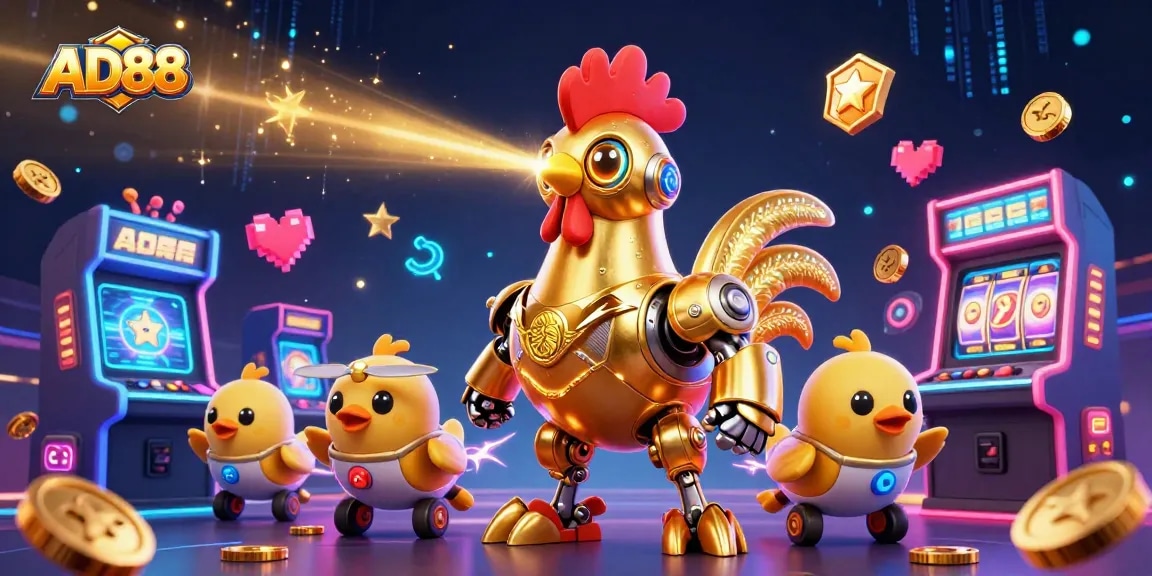 Experience thrilling winnings at AD88 with a 3D golden rooster robot and gaming elements.
