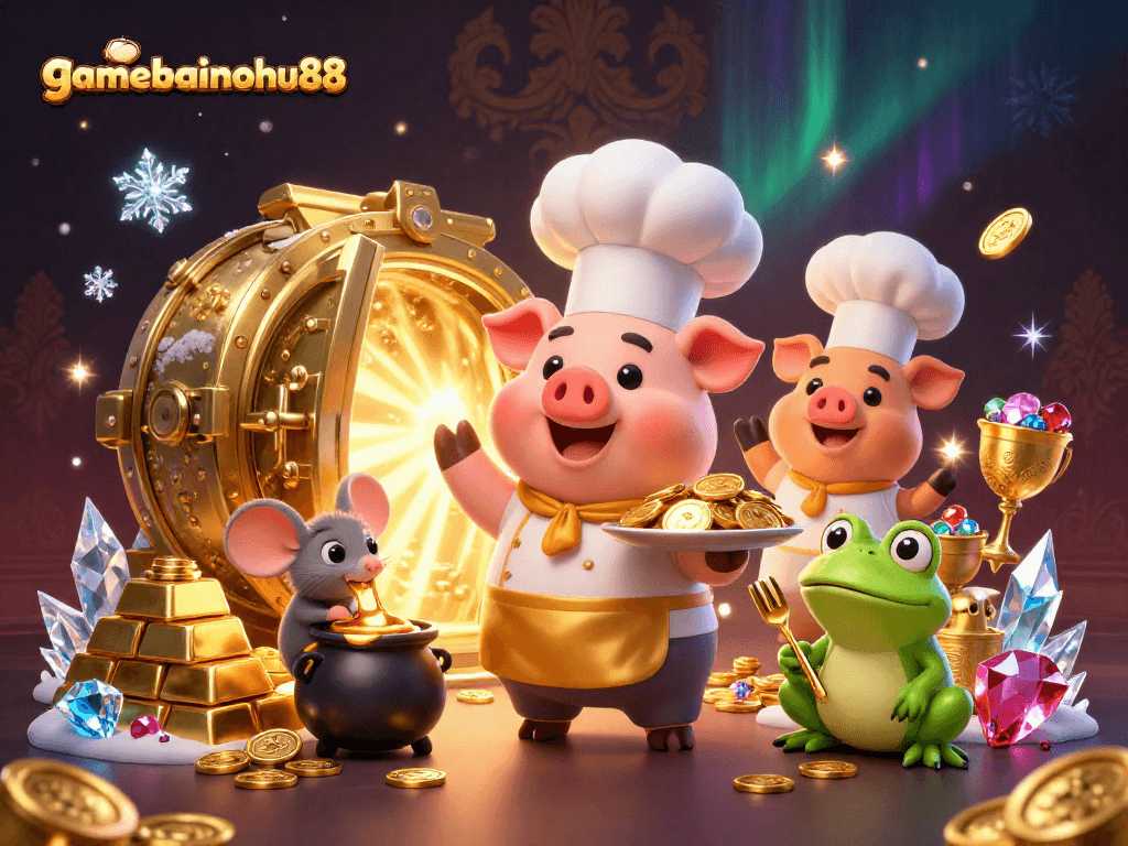 Gamebainohu88 showcases a vibrant 3D casino scene with a chef pig serving gold coins, captivating players