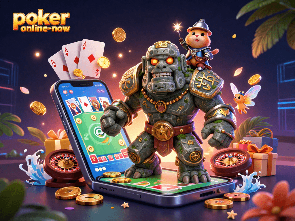 Engage with poker-online-now's exciting casino games in a vibrant 3D illustration full of action.