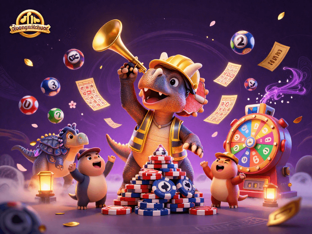 Engage with duongmatchuoc as a cartoon triceratops builds chips; lottery balls bounce dynamically.