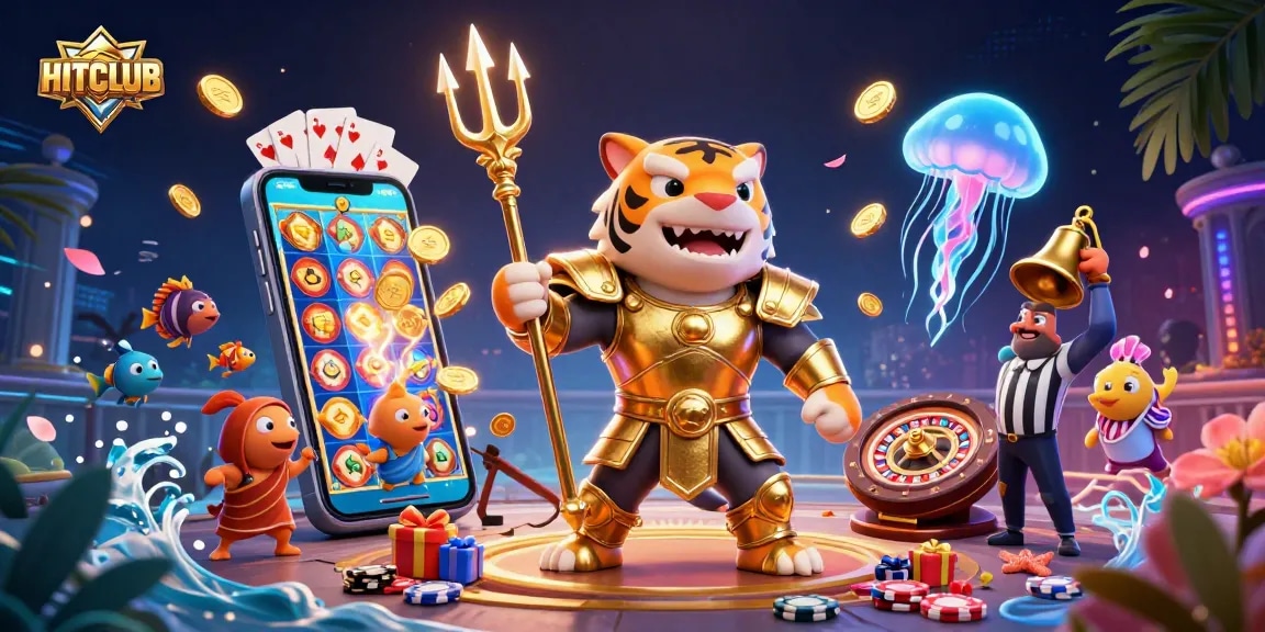 Engage in thrilling gaming action at HITCLUB with vibrant underwater casino elements and dynamic characters.