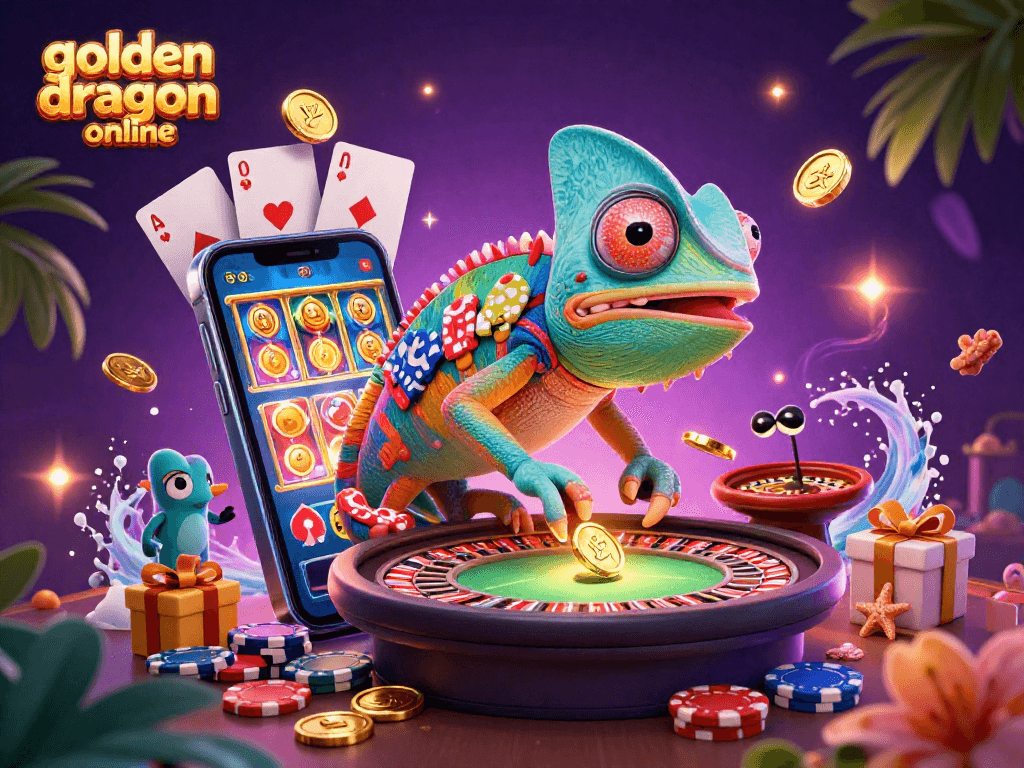 Engage with golden dragon online as coins erupt from slots in a vibrant gaming scene.