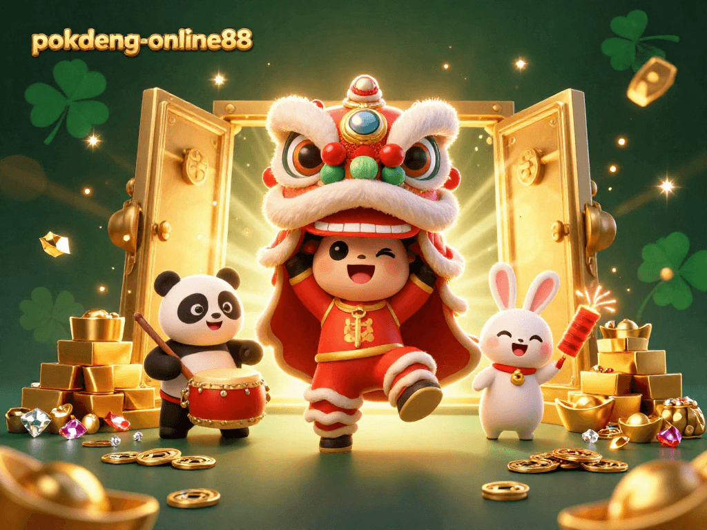Witness the exhilarating action of pokdeng-online88 with a vibrant lion dance and treasure elements.