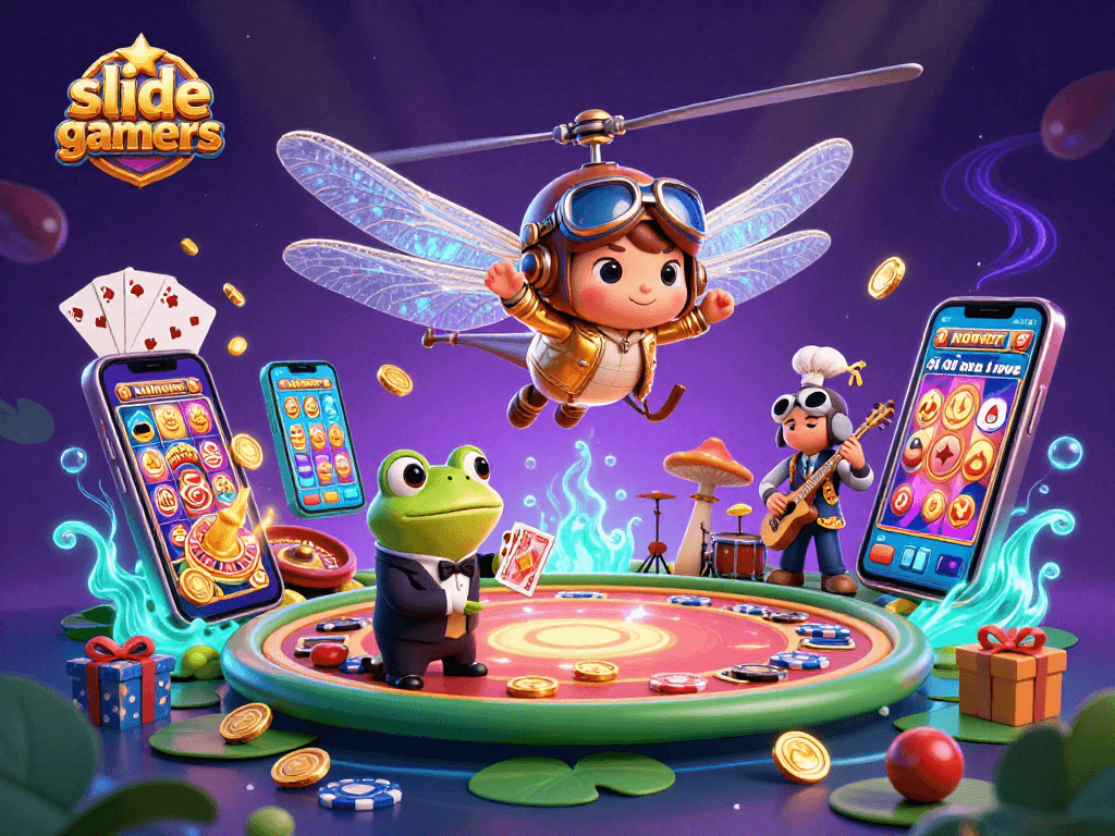 Immerse in excitement with slidegamers as the dragonfly pilot hovers above lively casino activities.