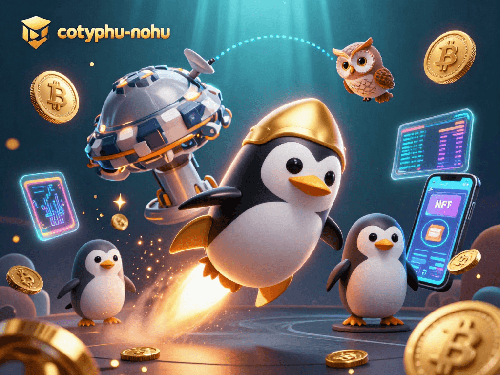 Engage in thrilling gaming experiences at cotyphu-nohu with dynamic 3D cartoon elements showcasing cryptocurrency excitement.