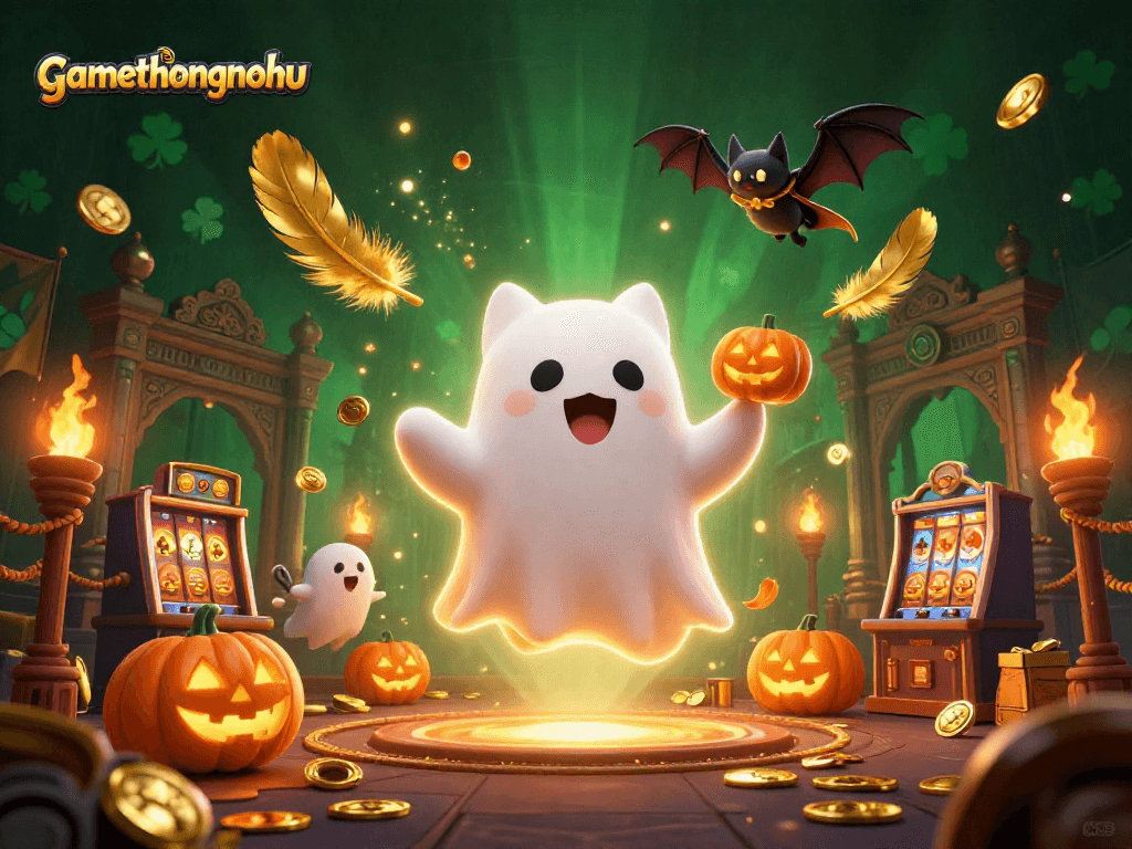 Experience the playful charm of gamethuongnohu with a ghost cat and bat in a vibrant casino scene.