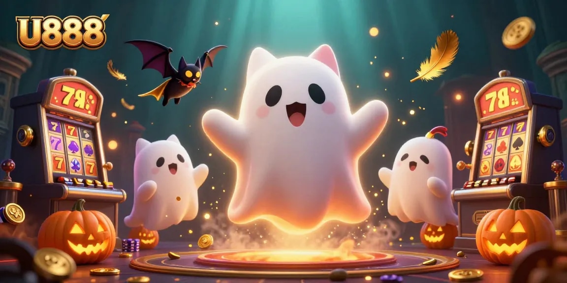 Experience thrilling wins at U888 with a ghost cat and a vampire bat in a haunted casino setting.