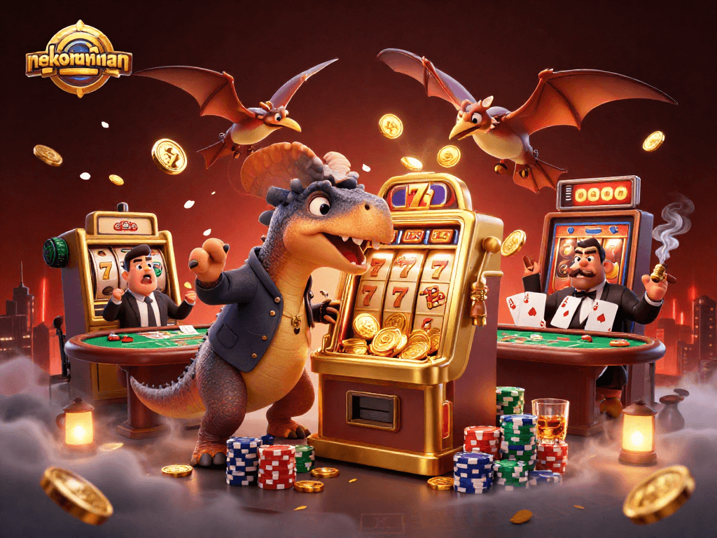 Neko May Man game scene featuring slot machine action and lottery excitement