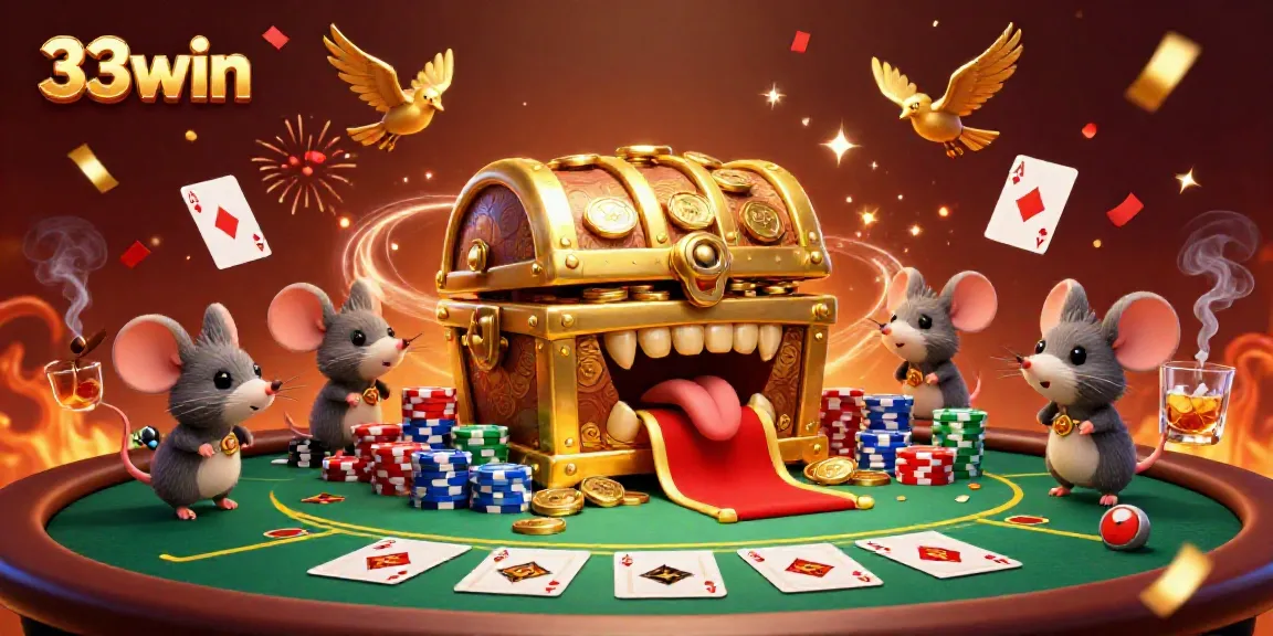 Engage in thrilling games with the 33win treasure chest surrounded by vibrant casino elements like poker chips and playing cards.