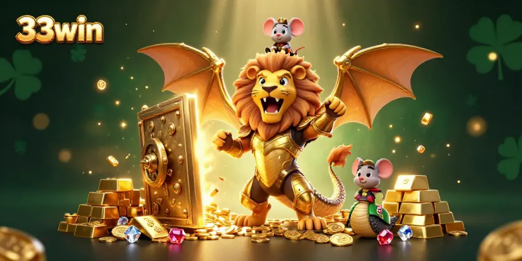 Engage in thrilling casino adventures with 33win, a dynamic 3D illustration featuring a chimera creature and treasure elements.