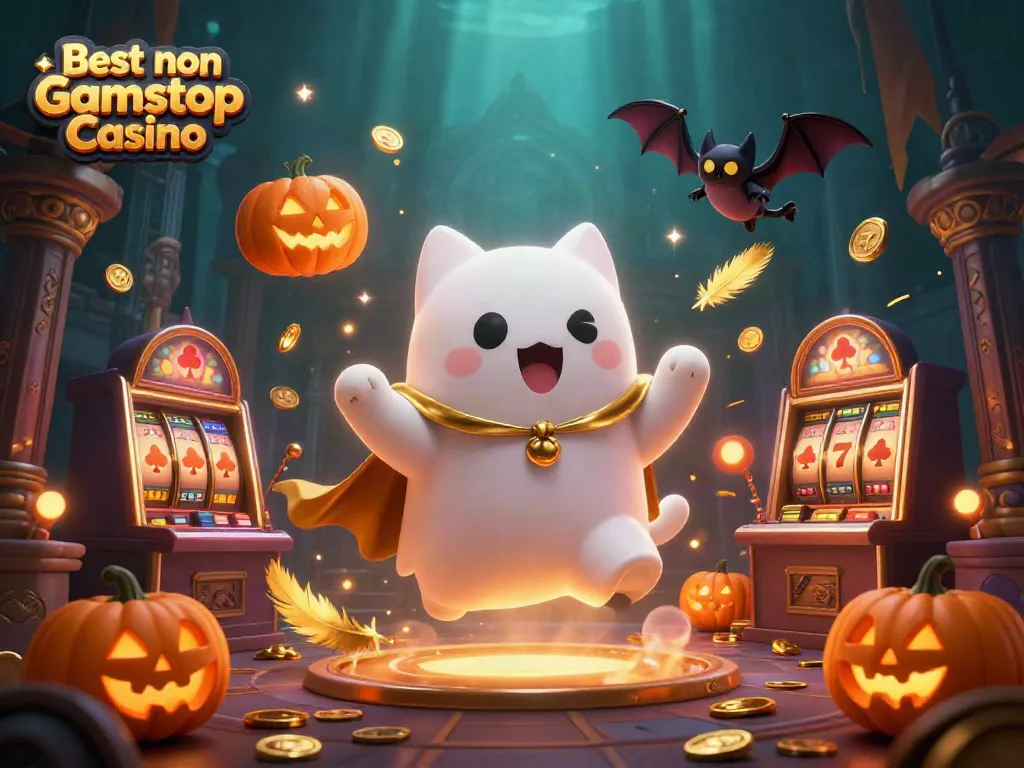 Engaging illustration of the Best non Gamstop Casino featuring a ghost cat and vampire bat amidst slot machines and glowing jack-o-lanterns.