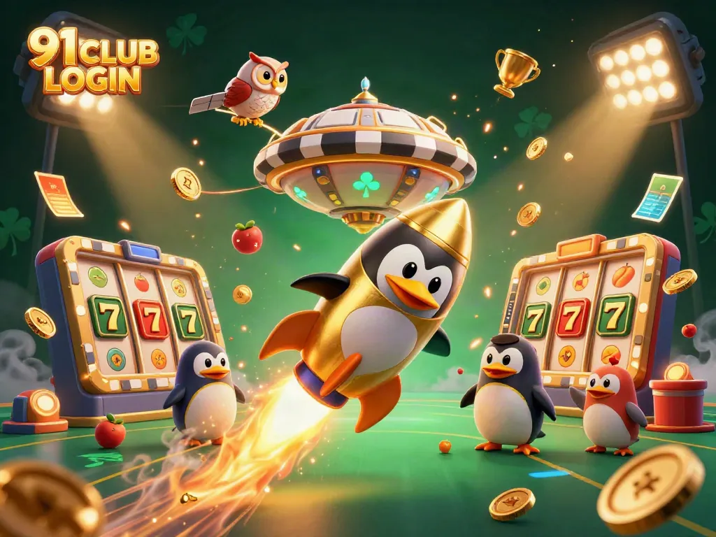 Experience seamless gameplay with 91 CLUB LOGIN in a vibrant casino-themed illustration featuring dynamic elements.