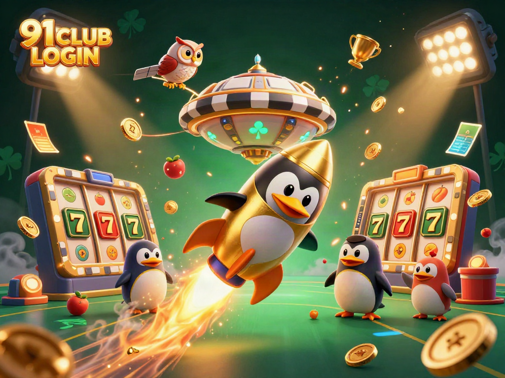 Experience seamless gameplay with 91 CLUB LOGIN in a vibrant casino-themed illustration featuring dynamic elements.