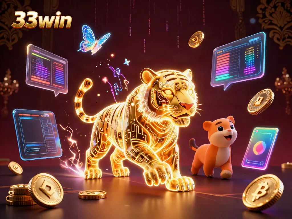 Experience the thrill of 33win with a digital casino scene featuring a golden tiger and cryptocurrency motifs.