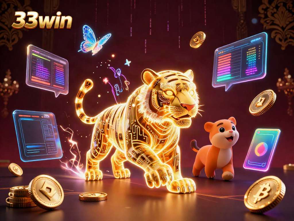Experience the thrill of 33win with a digital casino scene featuring a golden tiger and cryptocurrency motifs.