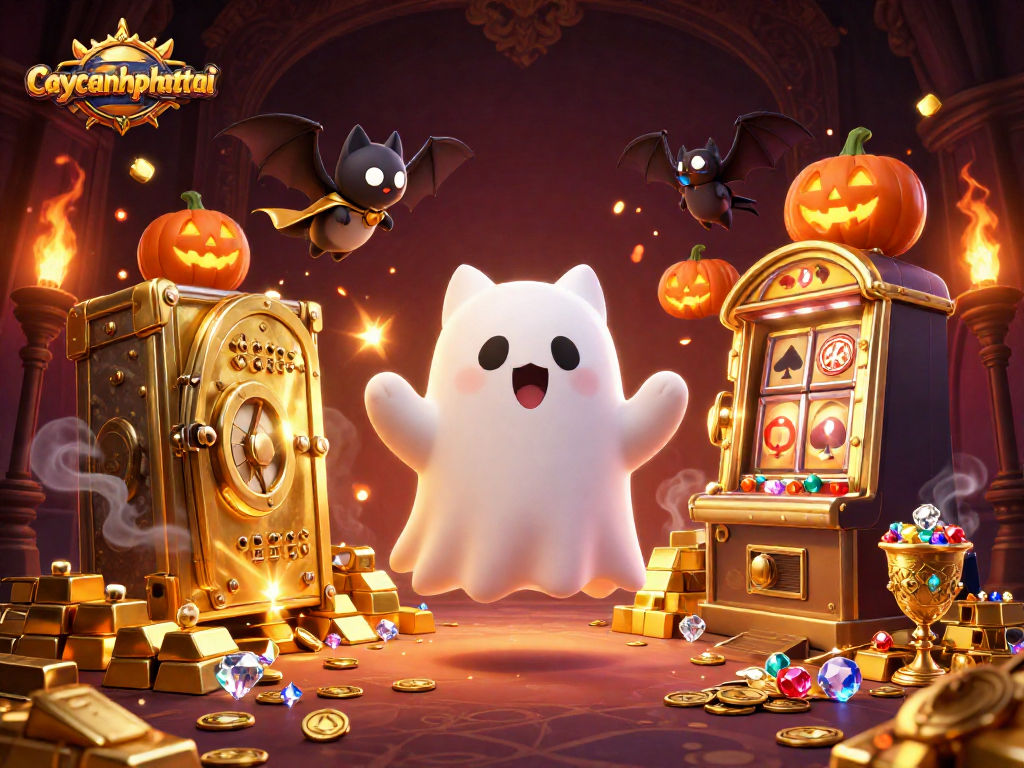 Experience excitement in caycanhphattai with a ghost cat and vampire bat in a vibrant haunted casino scene.