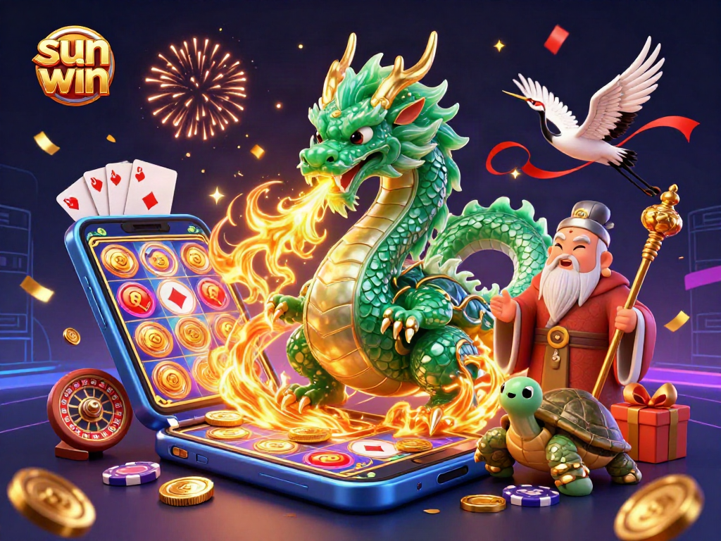 Engage in thrilling gaming experiences with sun win's captivating casino illustration featuring vibrant characters and dynamic elements.