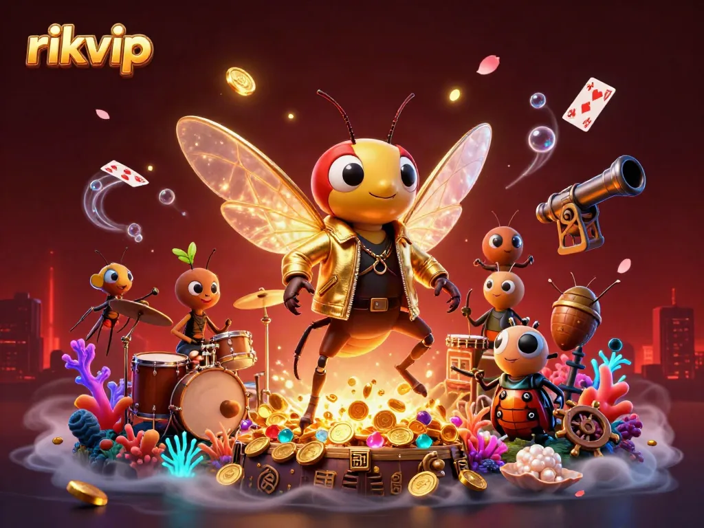 Engage in the vibrant world of rikvip with a dynamic 3D illustration of a rock star cicada and a band, celebrating casino excitement.