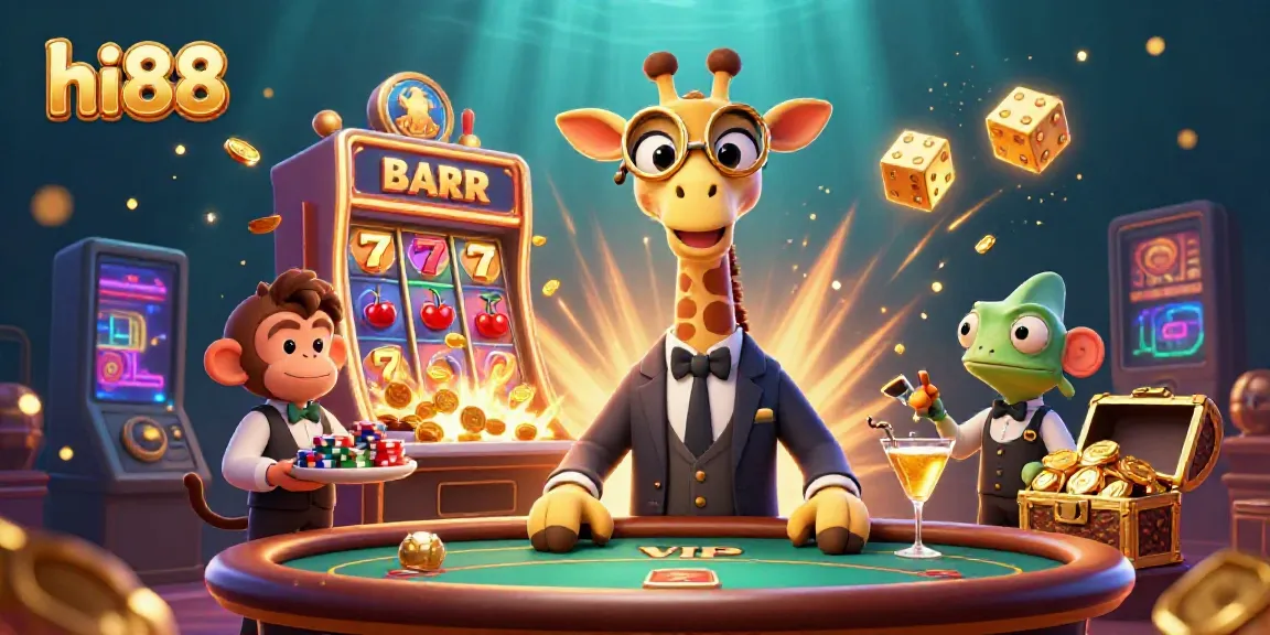 Experience the excitement at hi88 with a lively scene of a high-roller giraffe playing poker and winning big.