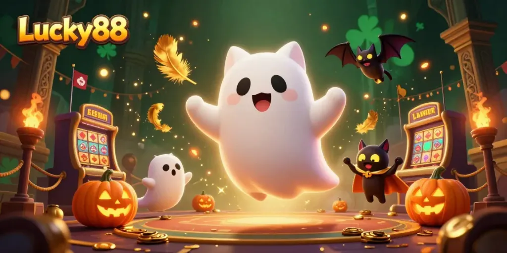 Experience the thrilling Lucky88 casino atmosphere with floating characters and golden elements.