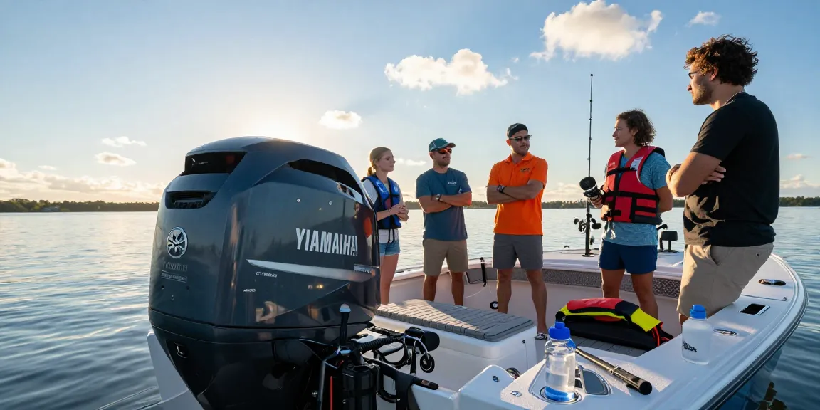 Boaters discussing Yamaha outboard engines at outboardenginehub.com during sunset on a serene lake.