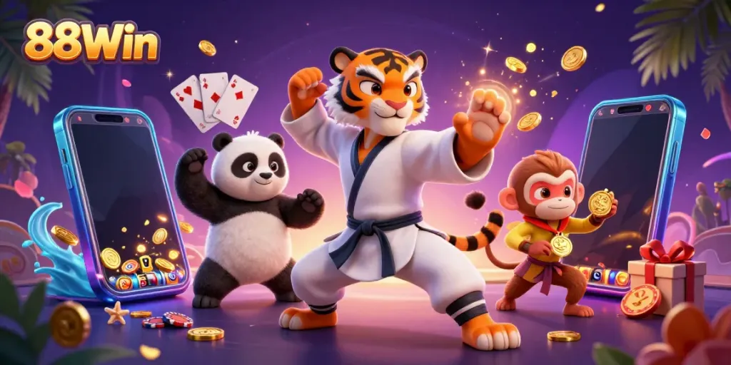 Experience thrilling gameplay with 88Win's vibrant casino scene, featuring kung fu characters and exciting game elements.