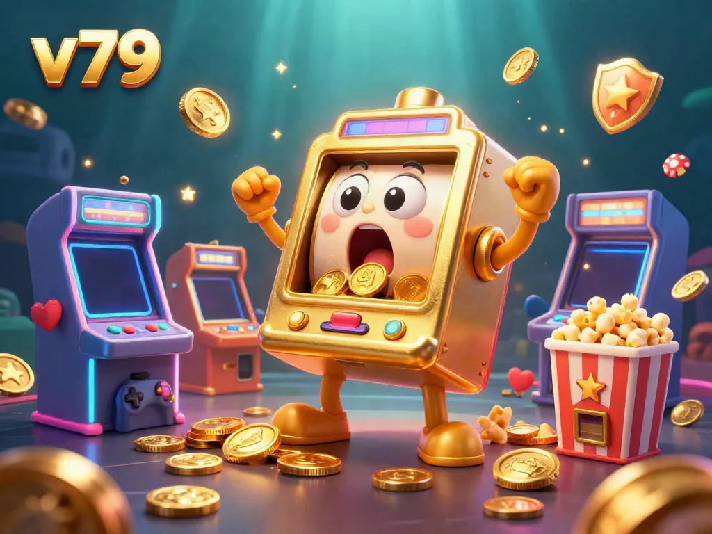 Exciting scene of a 3D golden slot machine at v79 winning a jackpot, surrounded by cheering mini machines and interactive game elements.
