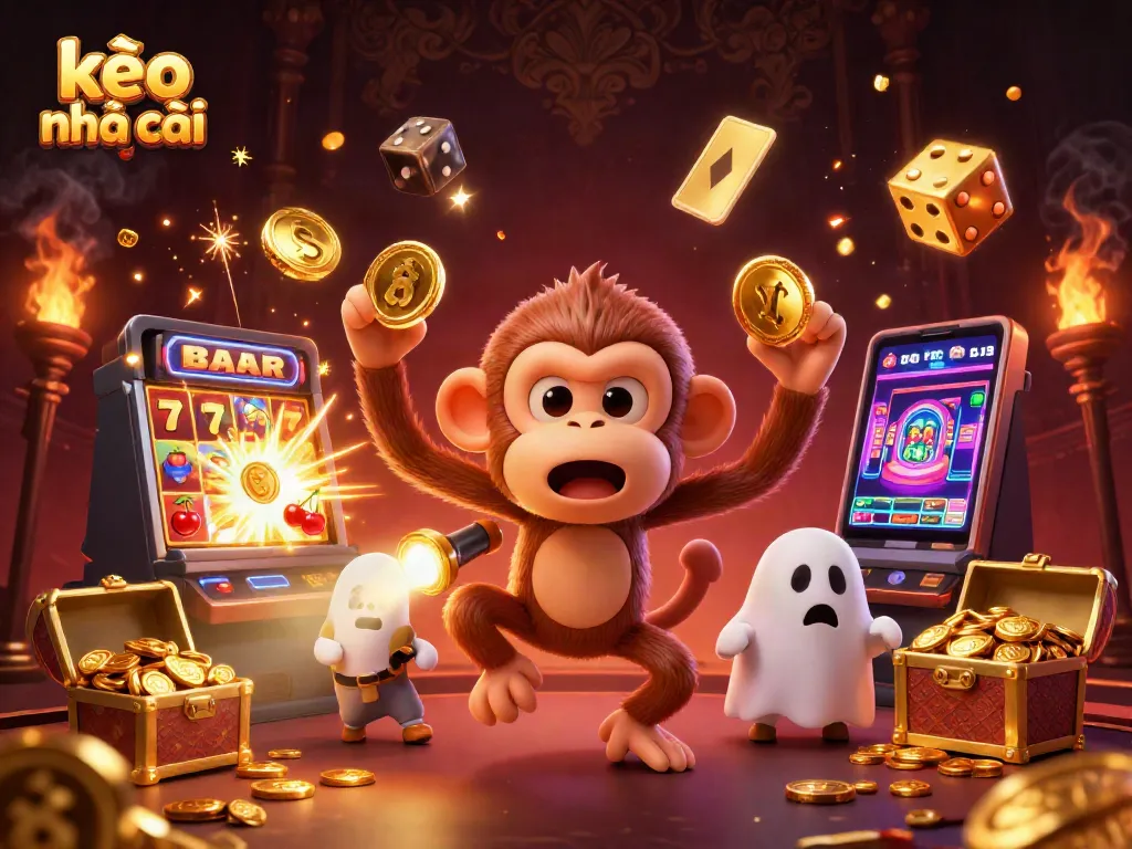 Experience the excitement of kèo nhà cái with a playful poltergeist monkey and a curious puppy in a vibrant casino scene.
