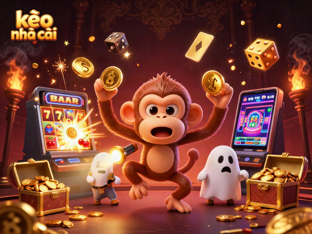 Experience the excitement of kèo nhà cái with a playful poltergeist monkey and a curious puppy in a vibrant casino scene.