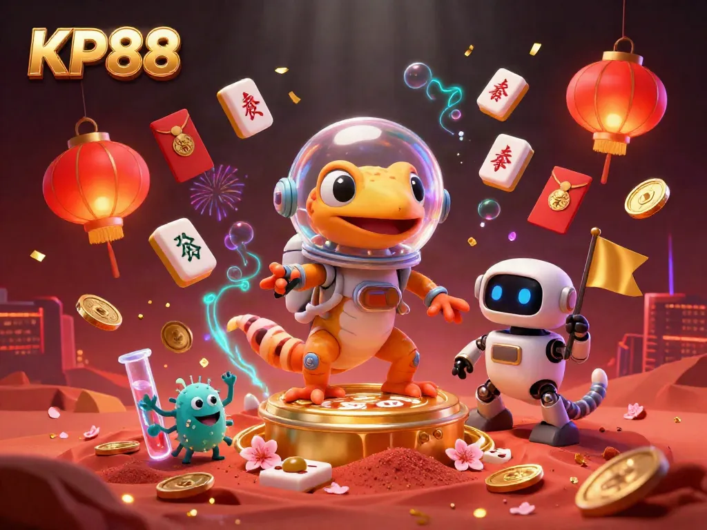 Engage with KP88, a vibrant casino scene with a Martian gecko discovering treasures amidst festive elements.
