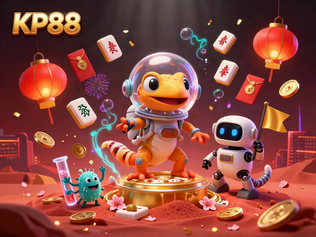 Engage with KP88, a vibrant casino scene with a Martian gecko discovering treasures amidst festive elements.