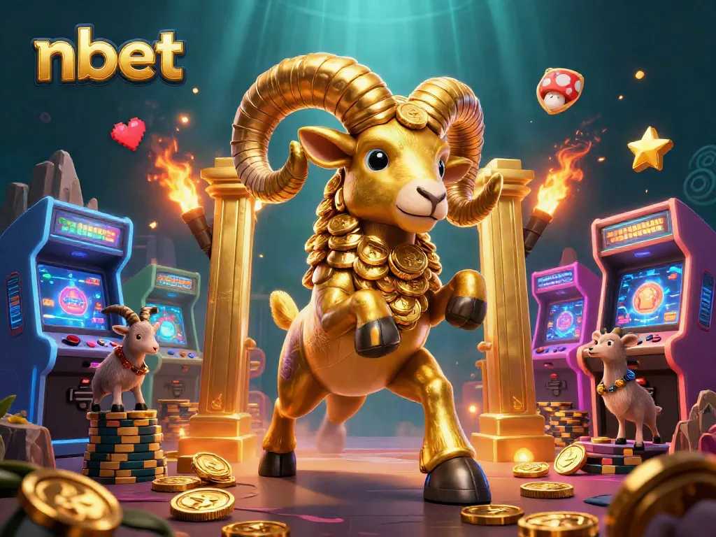 Experience thrilling nbet action with golden ram charging through a casino scene filled with games and excitement.