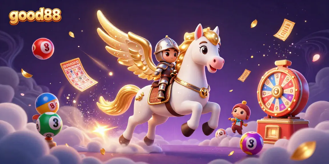 Engage with the excitement of good88 and a dynamic 3D horse riding scene full of colorful lottery elements.