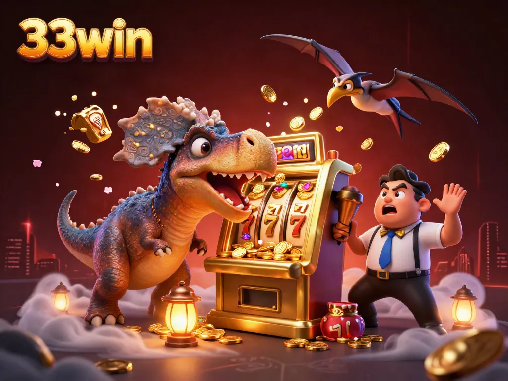 33win slot machine busting golden coins in a vibrant 3D casino scene with dynamic characters
