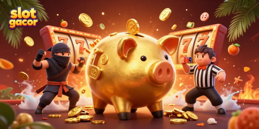 Engage with slot gacor excitement in this vibrant 3D casino scene filled with action and coins.