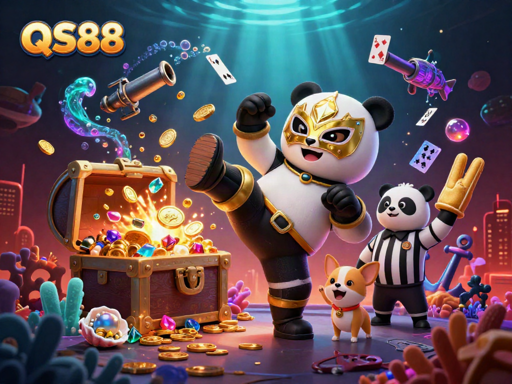 Engage in thrilling casino excitement with a vibrant depiction of QS88, showcasing fun characters and game elements.